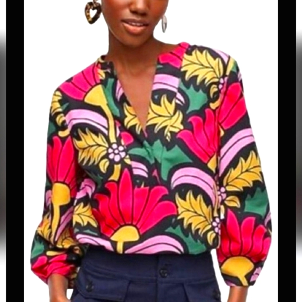 J. Crew Open V-Neck Cotton Poplin Top in Ratti Grand Fiori XS